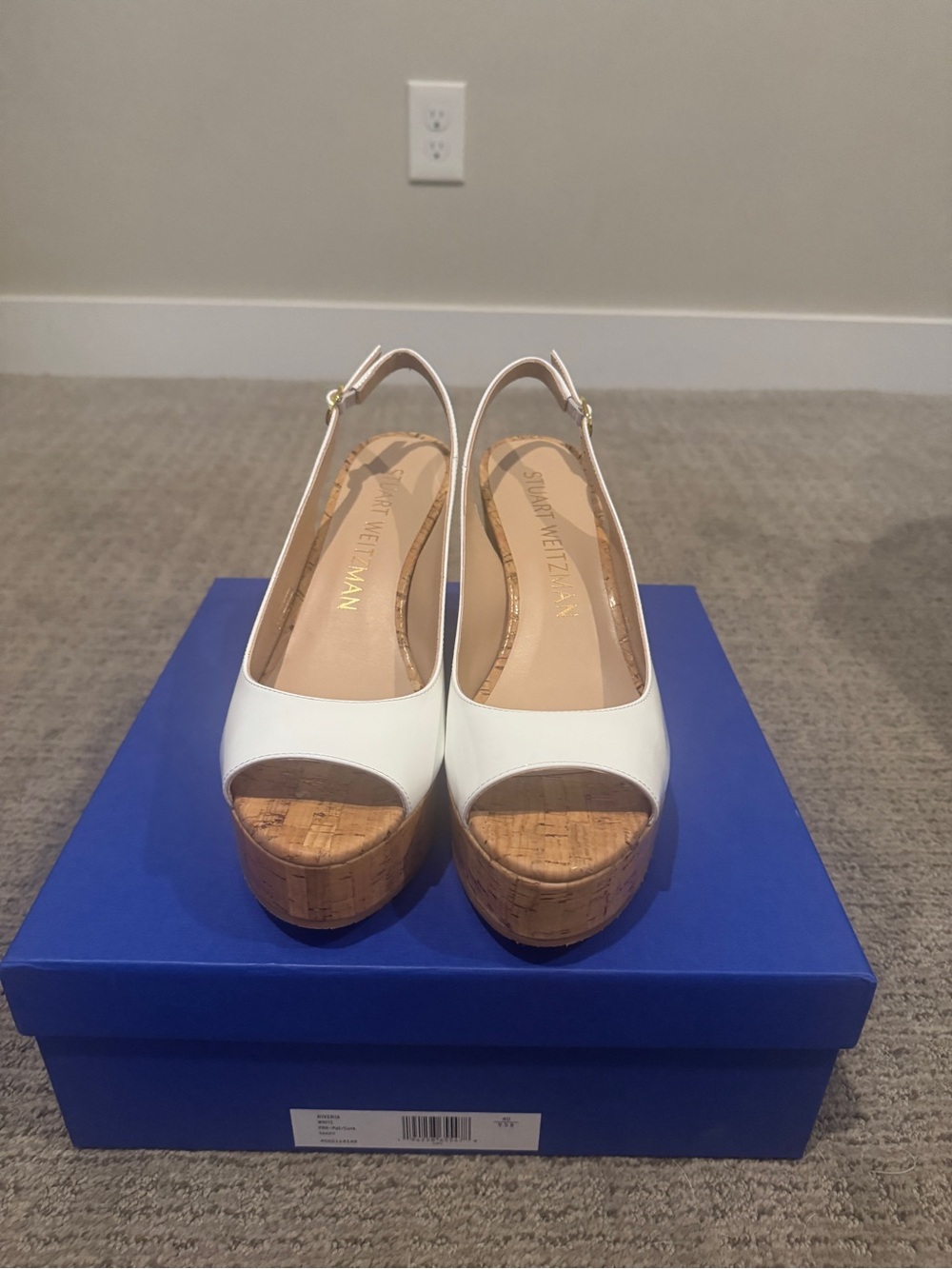 Stuart Weitzman White Cork Platform Slingback Wedges